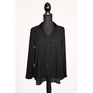 Express Portofino Slim Black Sheer Button-Down Blouse – Size L